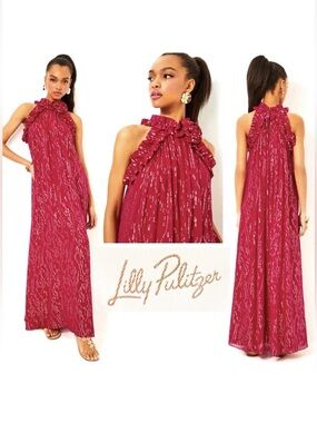 Lilly Pulitzer Florian Silk Maxi Dress Malbec Red Fish Clip Chiffon